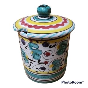 𝅺italian Pottery Sugar Jar with Lid Hand Painted Blue White Yellow